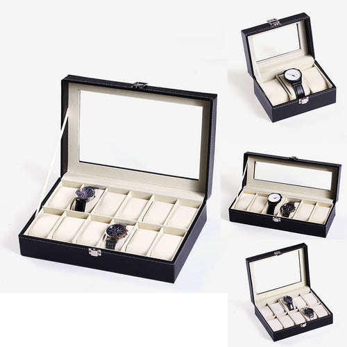 Black Leather Watch Display Case 3/6/10/12 Slots Storage Holder Box