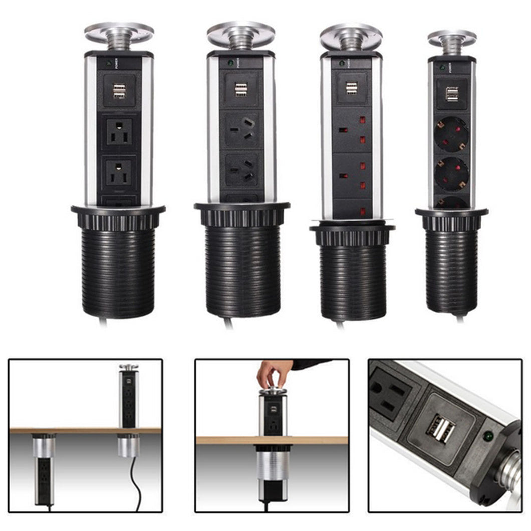 Pull Pop Up Socket 3 Plug 2 USB Port Hidden Outlet For Work Desk & Kitchen