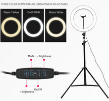 Load image into Gallery viewer, New 10” Selfie Ring LED Dimmable Light with Tripod Stand &amp; Cell Phone Holder w Bluetooth Remote