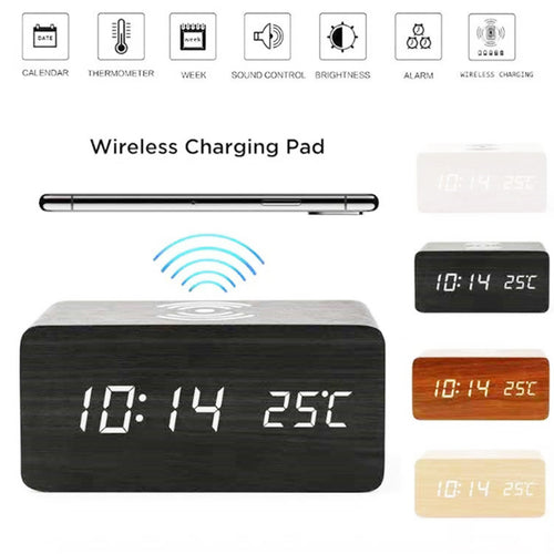 Modern Wooden Digital LED Desk Alarm Clock Thermometer Qi Wireless Charger / Thermomètre numérique en bois de réveil de bureau de LED Qi chargeur sans fil