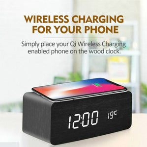 Modern Wooden Digital LED Desk Alarm Clock Thermometer Qi Wireless Charger / Thermomètre numérique en bois de réveil de bureau de LED Qi chargeur sans fil
