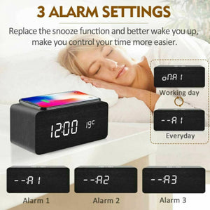 Modern Wooden Digital LED Desk Alarm Clock Thermometer Qi Wireless Charger / Thermomètre numérique en bois de réveil de bureau de LED Qi chargeur sans fil