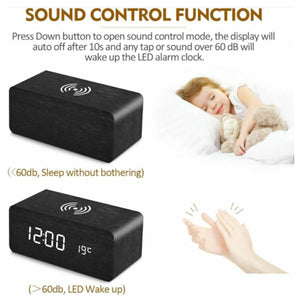 Modern Wooden Digital LED Desk Alarm Clock Thermometer Qi Wireless Charger / Thermomètre numérique en bois de réveil de bureau de LED Qi chargeur sans fil