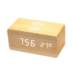 Modern Wooden Digital LED Desk Alarm Clock Thermometer Qi Wireless Charger / Thermomètre numérique en bois de réveil de bureau de LED Qi chargeur sans fil